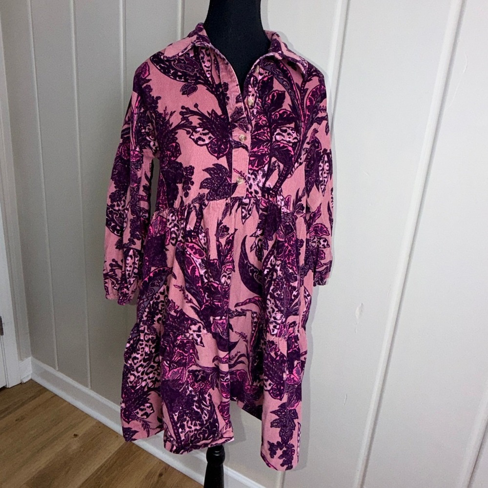 Maeve Anthropologie Pink Floral Corduroy Tiered Mini Dress XS Long Sleeve Boho